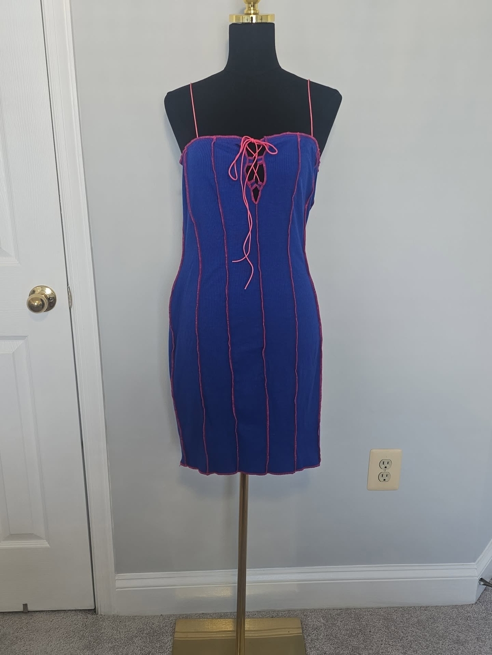 Fashion Nova Royal Blue Ribbed Mini Dress with Pink Trim